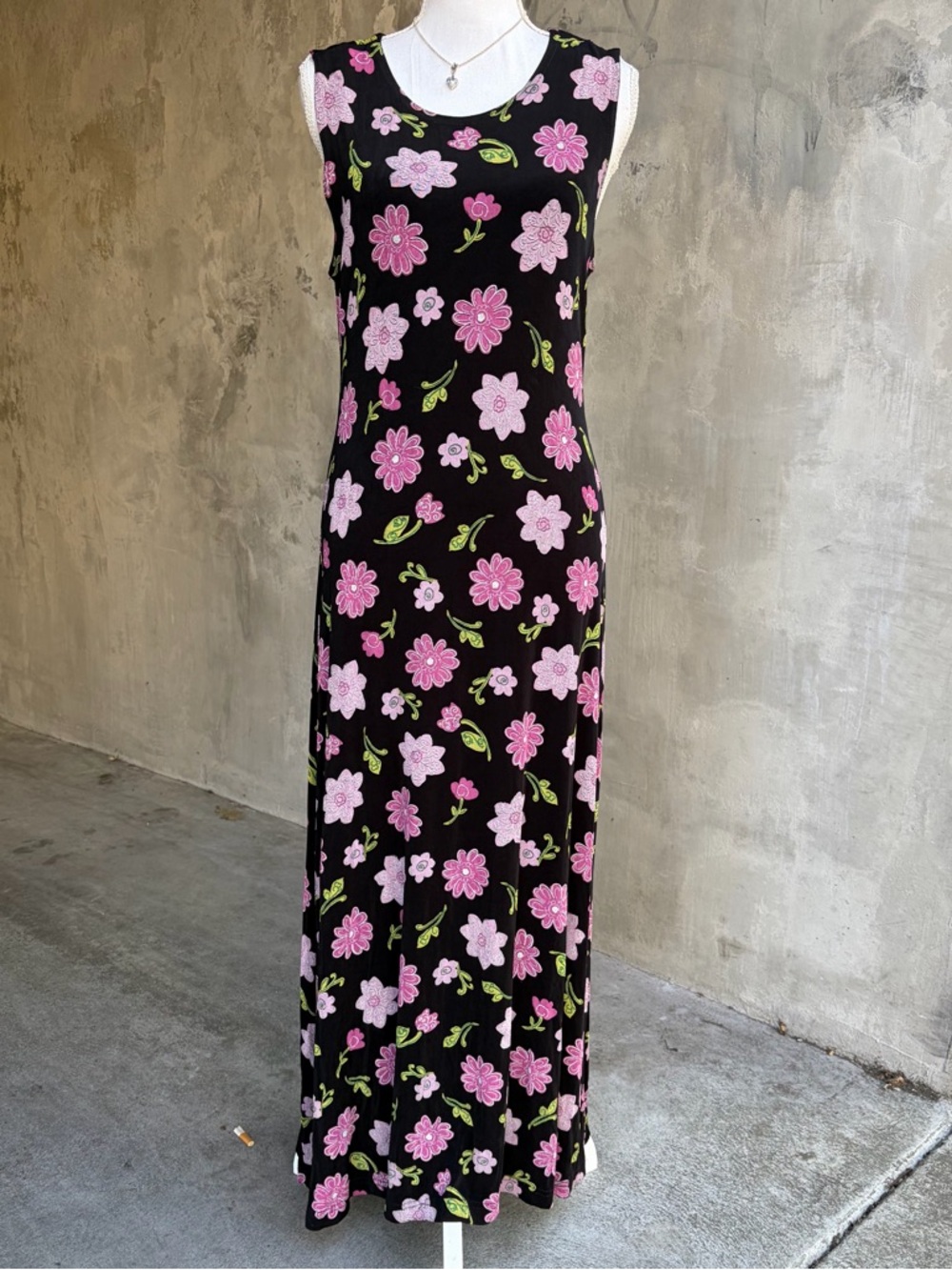 Vintage 90s Black and Pink Floral Maxi Dress